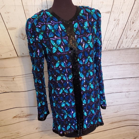 Laurence Kazar vintage beaded sequined bling jacket silk black, blue, green XL P - Picture 1 of 16